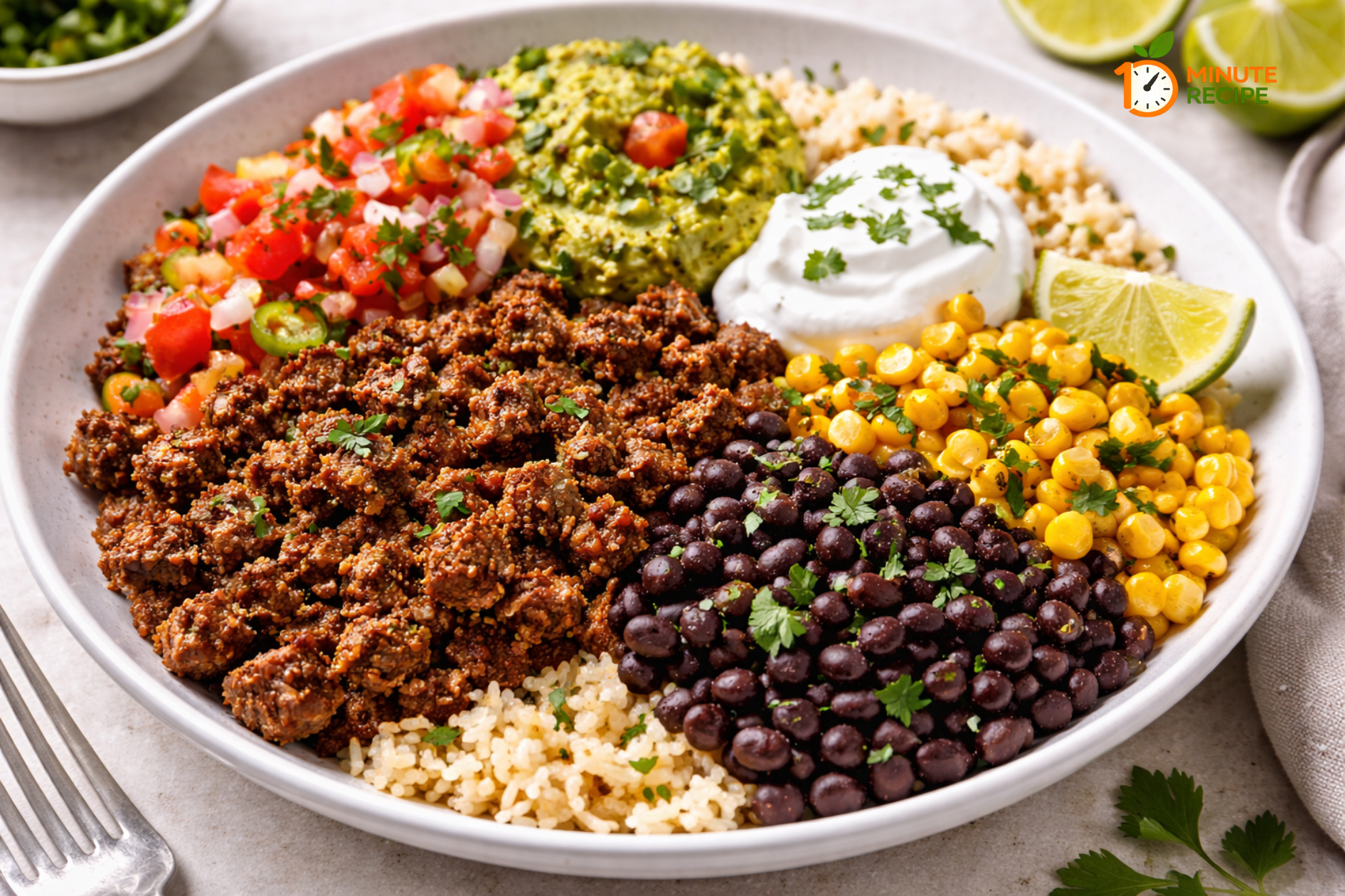 Burrito Bowl Recipe with Seasoned Beef and Guacamole — Easy 30 Minute Dinner
