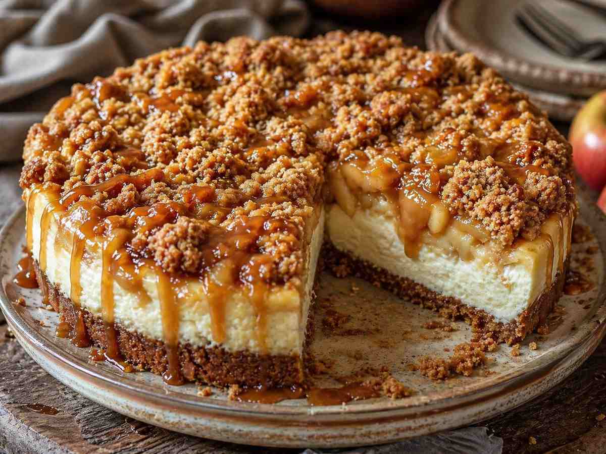 Apple Crumble Cheesecake Recipe with Caramel Drizzle